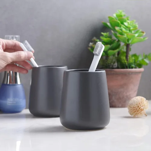Miniatura 5 de Soporte para cepillos de dientes gris para baño, soporte de cerámica para cepillos de dientes, soporte para pasta de dientes, taza de enjuague bucal