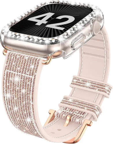 Miniatura 11 de Goton Bling - Correa de silicona brillante compatible con Apple Watch de 1.772 pulgadas (45mm) con protector de borde [sin vidrio], correa que