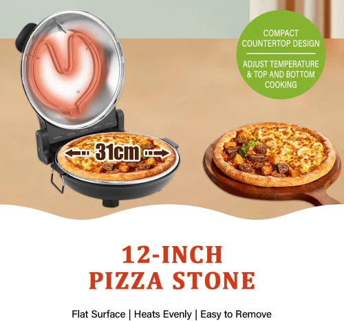 Miniatura 3 de Horno eléctrico de pizza de 12 pulgadas para interiores, portátil, máquina de pizza horneada con piedra calienta hasta 800˚F, control de temperatura