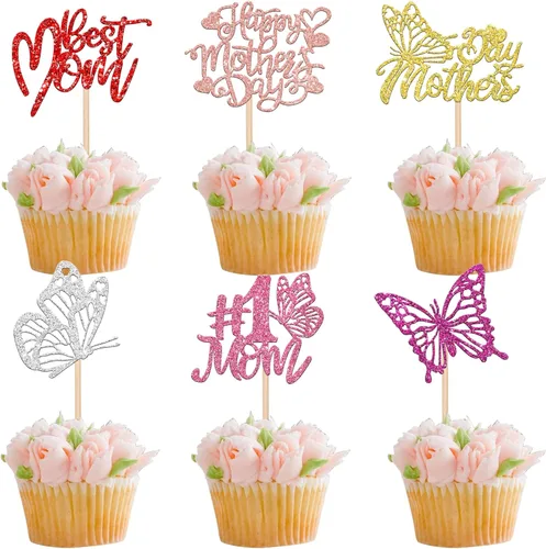 Miniatura 34 de Rsstarxi Paquete de 30 adornos dorados para cupcakes para el Día de la Madre con purpurina para el Día de la Madre, la mejor mamá del mundo