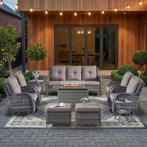 Miniatura 124 de HUMMUH Sillas Mecedoras Giratorias de Mimbre para Patio Exterior con Respaldo Alto, Sillas Deslizantes de Ratán PE, Juego de Muebles de Patio de 4