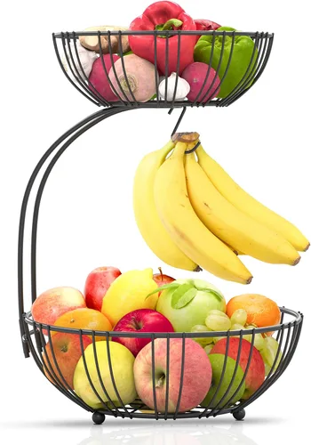 RICCLE Cesta de frutas para encimera de cocina - Cesta de frutas con colgador de plátano - Frutero de alambre de metal de doble capa para encimera -
