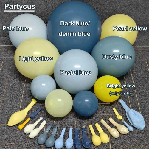 Miniatura 3 de Kit de arco de globos azul polvoriento, amarillo, doble relleno, azul pastel oscuro, amarillo claro, guirnalda de globos de perlas para cumpleaños