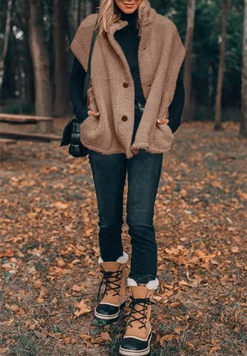 Miniatura 9 de Hongqizo - Chaleco de forro polar mullido para mujer, casual, de gran tamaño, cálido, con botones, chaqueta de sherpa con bolsillos