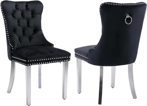 Juego de 2 sillas de comedor de terciopelo, sillas decorativas tapizadas con patas chapadas de acero inoxidable, ribete de cabeza de clavo, tirador