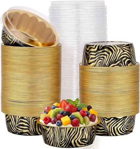 Miniatura 56 de Beasea Ramequines con tapas, 8oz 50 unidades de tazas de aluminio desechables para hornear, tazas de papel de aluminio plateado para creme brulee