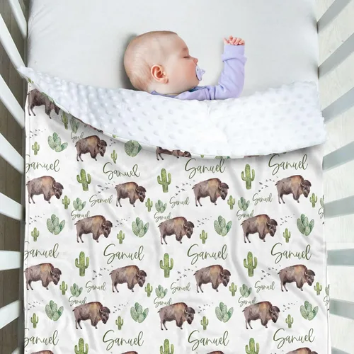 Miniatura 3 de Manta de bebé personalizada, nombre personalizado con diseño de animales del bosque, manta de felpa suave con respaldo punteado de doble capa