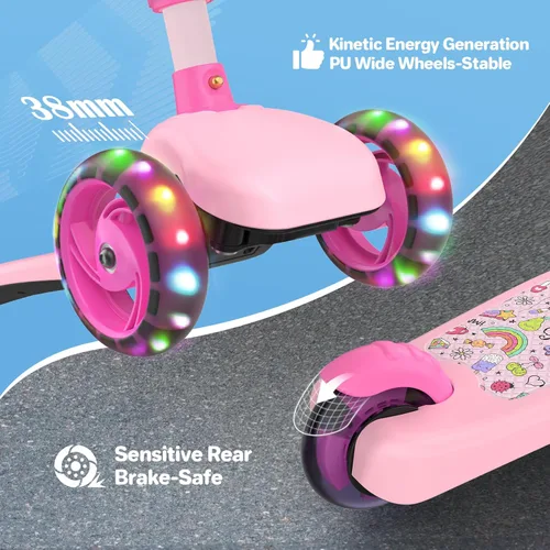 Miniatura 5 de TONBUX Kids Scooter with Seat, 3 Wheels Scooter with PU Luminous Wheels, Non-Slip Handle and Wide Deck, Sensitive Brakes, 4-Level Adjustable Height