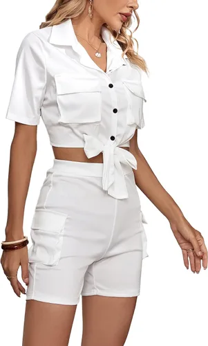 Miniatura 4 de Umenlele Conjunto de 2 piezas para mujer, cuello en V, manga corta, vendaje, ombliguera, conjunto de sudadera corta con bolsillo