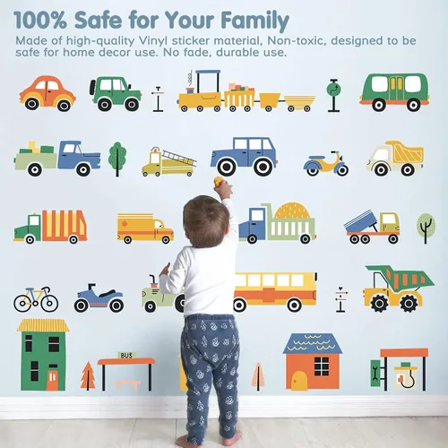 Miniatura 3 de Calcomanías de pared extraíbles de vehículos de ciudad de dibujos animados para decoración de pared de habitación de niños, vehículos de transporte