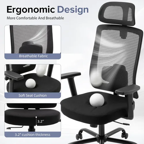 Miniatura 3 de Silla de oficina ergonómica de malla con reposacabezas, cómoda silla de escritorio para sentarse por mucho tiempo, silla de computadora transpirable