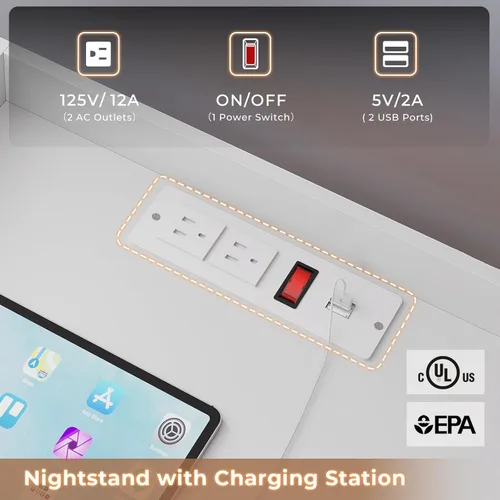 Miniatura 5 de HAUOMS Mesita de noche grande con estación de carga y luz LED, mesa auxiliar con 3 cajones y estante extraíble, mesita de noche con puertos USB