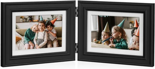 Miniatura 26 de Marco de fotos doble horizontal con bisagras plegable de 4 x 6 pulgadas en madera de pino negro con vidrio real para mesa X3-HEI-2H46