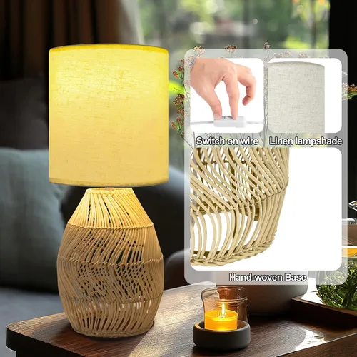Miniatura 3 de Lámpara de mesita de noche estilo Boho de ratán - Lámpara tejida de bambú hecha a mano con 3 temperaturas de color para mesita de noche y sala