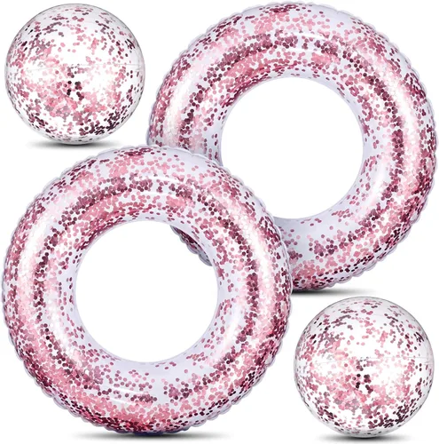 Miniatura 8 de Hungdao 4 unidades de flotador inflable con purpurina para piscina, anillo de natación con confeti y bola de playa con purpurina, pelota de playa