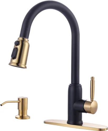 Miniatura 7 de Grifo de cocina de oro negro con rociador: WOWOW Grifo de fregadero de cocina de acero inoxidable 304 para 1 o 3 agujeros, llave mezcladora de arco