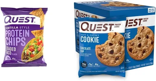 Quest Nutrition Chips de proteína estilo tortilla, tacos cargados, bajos en carbohidratos, sin gluten, horneados, 1.1 onzas y galletas de proteína