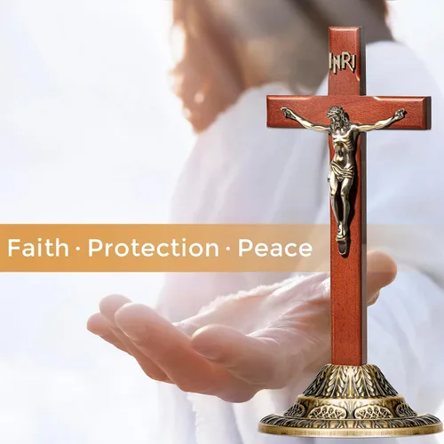 Miniatura 3 de ACHIBANG Crucifijo de pared de 12 pulgadas con soporte, cruz de Jesús católica de pie y colgante de madera con INRI para el hogar o la sala