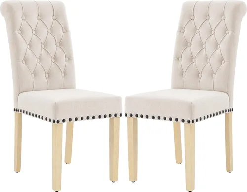 LOULENS Juego de 2 sillas de comedor de tela, modernas sillas Parson tapizadas de lino con ribete de cabezas de clavos, botones acolchados, patas de