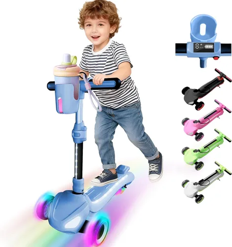 Patinete eléctrico de 3 ruedas para niños de 3 a 10 años, con cesta de almacenamiento, pantalla LCD, luces de cuerpo completo, cubierta ancha,