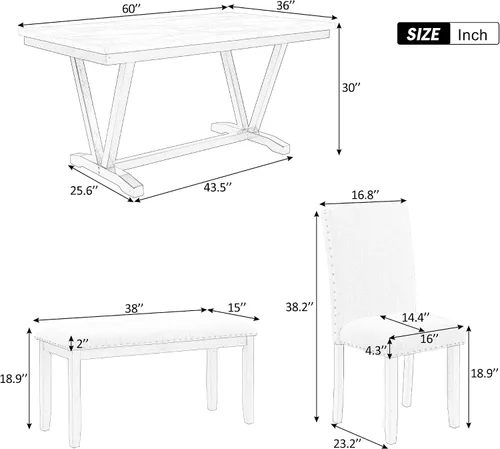 Miniatura 4 de LUMISOL - Juego de mesa de comedor de 6 piezas con banco y sillas para 6 personas, de madera maciza, para cocina, comedor, color blanco cálido