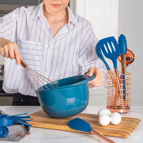 Miniatura 2 de Juego de utensilios de cocina de silicona de cobre y azul, juego de 17 piezas con soporte para utensilios de cobre y tazas medidoras y cucharas