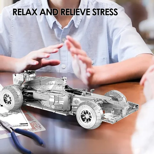 Miniatura 6 de Piececool Rompecabezas de metal 3D, kits de modelo de coche de fórmula plateada, kits de autos de modelo de metal 3D para construir para adultos