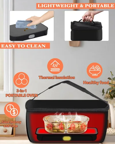 Miniatura 6 de tuhood Horno portátil, calentador de alimentos portátil 4 en 1, 12/24/110/220 V, mini calentador de alimentos para microondas para recalentar
