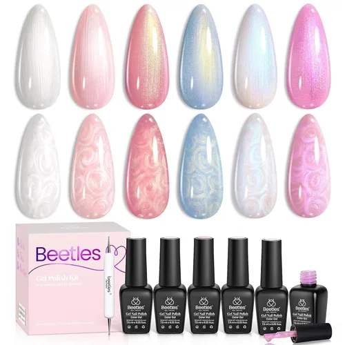 Miniatura 23 de Beetles - Juego de esmaltes de uñas de gel para boda, 6 colores, color nude, rosa, malva, blanco, con brillantina, para remojar con luz UV LED, arte
