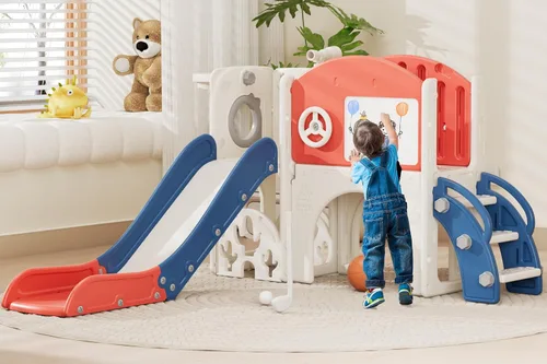 Miniatura 9 de 67i Tobogán infantil para interiores con tabla de dibujo, juego de golf, aro de baloncesto, parque infantil para niños de 1 a 3 años, pasos