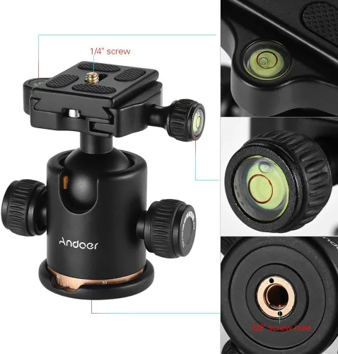 Miniatura 3 de Andoer cabezal de trípode, con rotación de 360 grados. Trípode para cámara con placa de liberación rápida y cabeza de bola, carga máxima de 8 kg