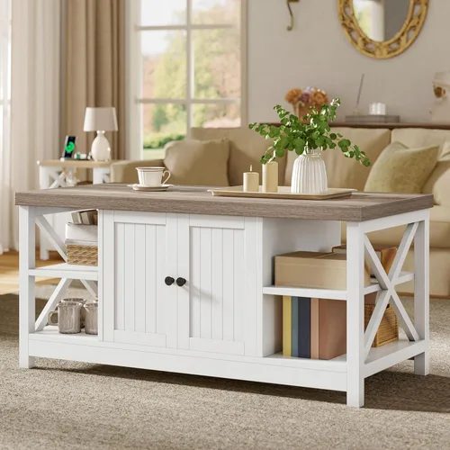 Miniatura 9 de YITAHOME Mesa de centro para sala de estar, mesa de café moderna de estilo granja con almacenamiento, mesa de centro de 2 niveles, mesa de acento