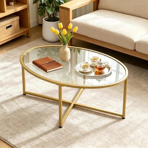 Miniatura 3 de Wolawu Mesa de centro ovalada dorada de vidrio para sala de estar, mesas de té modernas con marco de metal dorado para espacios pequeños, mesa
