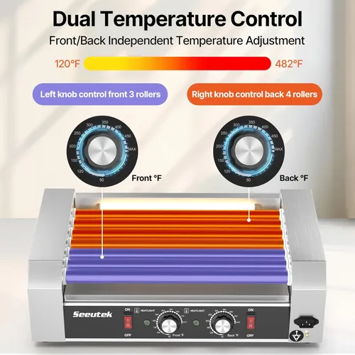 Miniatura 5 de Seeutek Rodillo para perros calientes con 7 rodillos, 24 perros calientes, capacidad de 1100 W, tostadora de perro caliente inoxidable con luz LED