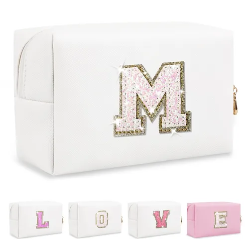 Miniatura 35 de Pequeña bolsa de maquillaje personalizada con inicial A-Z Preppy Patch, bolsa de cosméticos de viaje de felpilla blanca con cremallera, bonita bolsa