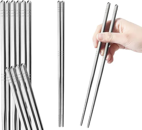 Miniatura 8 de Juego de 4 palillos y cucharas coreanas, juego de metal de acero inoxidable, juego de mango largo plano reutilizable para el hogar, cocina