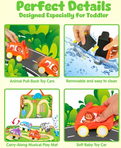Miniatura 5 de Vanmor Juguetes de auto para bebés de 12 meses, tapete musical con 4 animales suaves para niños de 1 año, juguetes suaves de aprendizaje para bebés
