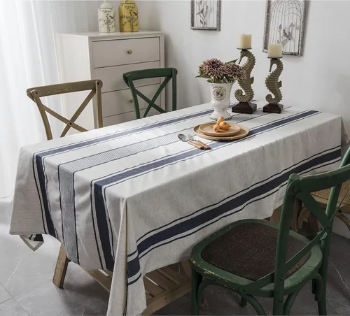 Miniatura 5 de ArtBud Mantel blanco y azul de lino de algodón, suave, lavable, para fiestas, café, cocina, decoración de rayas