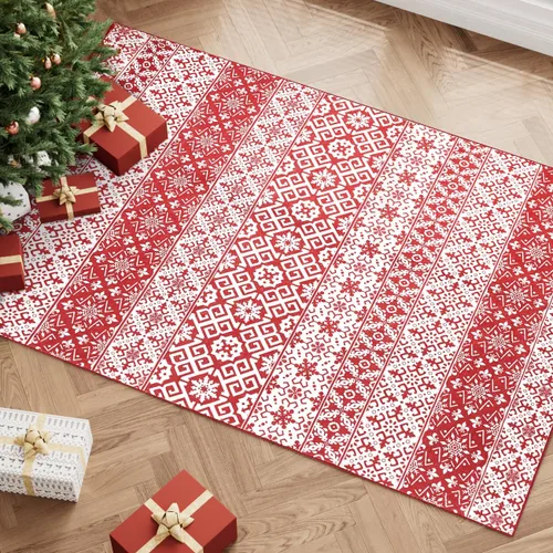 Miniatura 4 de Alfombra de Área Navideña 2x3 pies Copo de Nieve Rojo Tapete Decorativo Navideño para Entrada Cocina Lavable Antideslizante Suave Pelo Bajo Alfombra