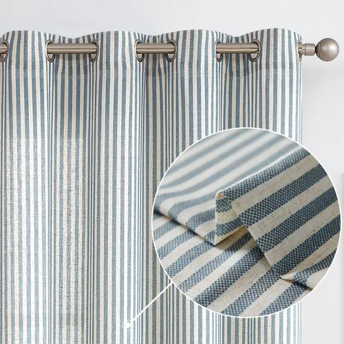 Miniatura 20 de Vangao Cortinas de lino a rayas para sala de estar, dormitorio, casa rural con estampado de rayas de tictac, cortinas impresas con ojales