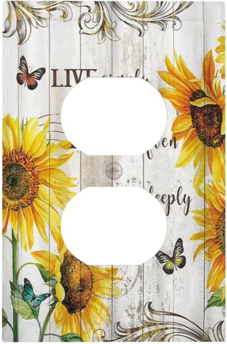 Cubierta de Enchufe Duplex de 1 Banda Decorativa de Estilo Rústico Vintage con Motivo de Girasol de Madera, Placa de Pared Decorativa, Interruptor