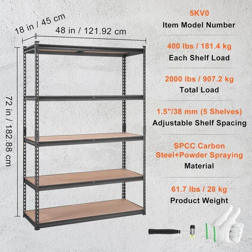 Miniatura 8 de VEVOR Estantería de almacenamiento, 5 niveles ajustables, capacidad de 2000 libras, estantes de garaje resistentes, estante organizador de metal