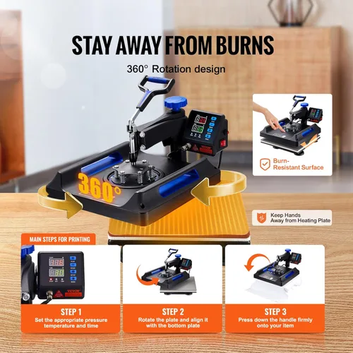 Miniatura 6 de VEVOR - Prensa de calor 5 en 1, máquina de prensa de calor de 15 x 15 pulgadas con prensa para tarros, prensa para sombreros, control digital