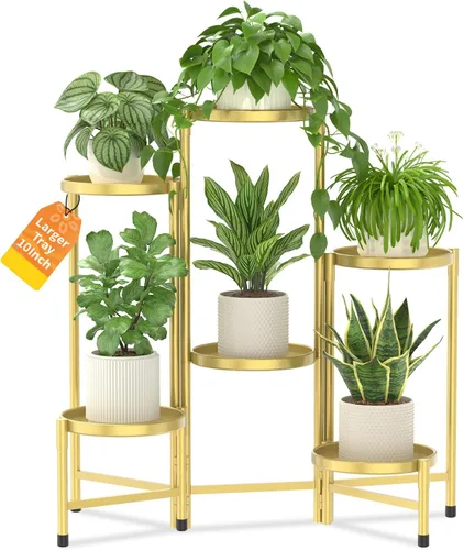Miniatura 32 de LASZOLA Soporte plegable para plantas de interior de 7 niveles para múltiples macetas grandes, estante ajustable alto y resistente con bandeja de 10