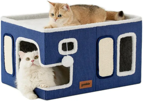 Miniatura 11 de ZOMISIA Casa Extra-Ancha para Gatos de Interior – Casa Grande para Gatos para Mascotas con Pompón Colgante y Almohadilla Rascadora, Refugio Plegable