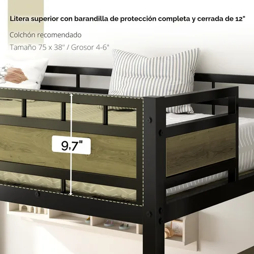 Miniatura 7 de soges Cama tipo loft con escaleras, cama alta de metal con cajones de almacenamiento, ideal para dormitorios, apartamentos, habitaciones de niños