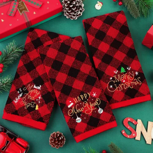 Miniatura 5 de MCEAST Paquete de 3 toallas de mano navideñas de 14 x 25 pulgadas, toallas de algodón bordadas, toallas de baño navideñas rojas y negras a cuadros