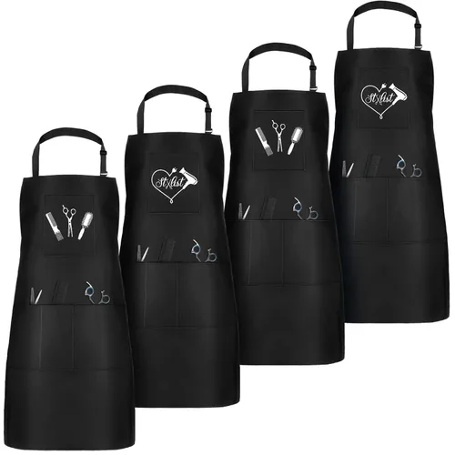 Janmercy 4 delantales para estilista con 4 bolsillos, delantales impermeables para peluquero, cosmetólogo, delantal (negro)