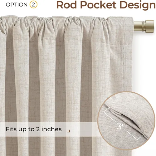 Miniatura 4 de INOVADAY Cortinas 100% opacas de 63 pulgadas de largo, juego de 2 paneles de lino con pestaña trasera, bolsillo para barra, cortinas opacas