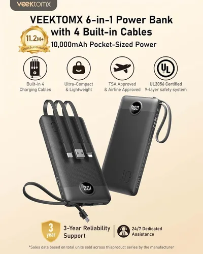 Miniatura 2 de VEEKTOMX Cargador portátil con cables integrados, cargador de batería de 10000 mAh para iPhone, carga rápida, USB C, paquete de baterías esenciales